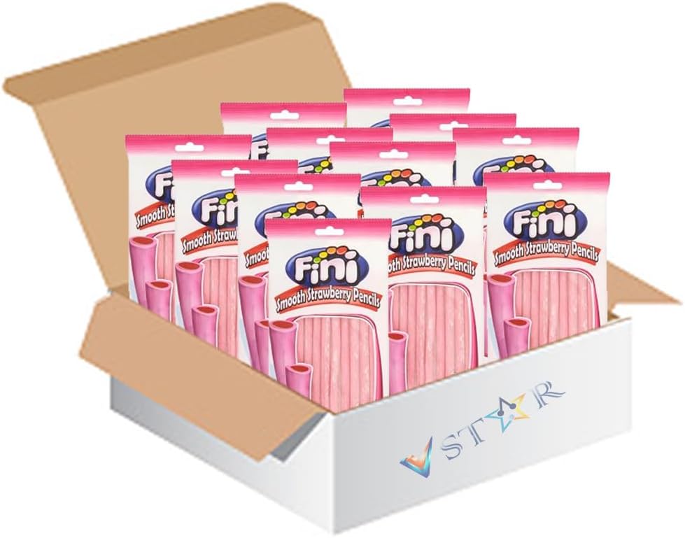 Fini Strawberry,Rainbow,Strawberry & Strawberry Pencils Sweets (12, Strawberry Smooth Pencils 140g)