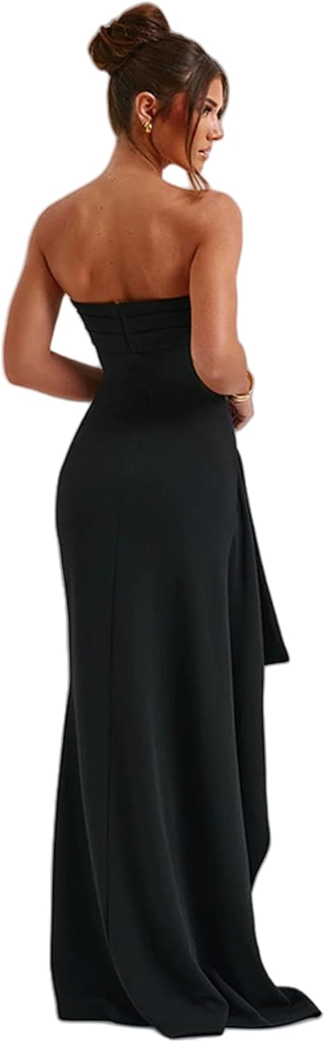 Women's Off Shoulder Backless Ruched Bodycon Dress Sexy Strapless High Split Long Maxi Dresses for Party Cocktail - Image 4