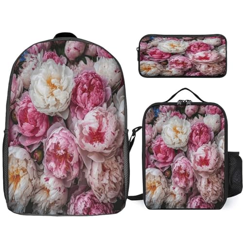 Printed Backpack With Lunch Pack Storage Box Case Peach And White Peonies 3pcs Lightweight Travel Backpack