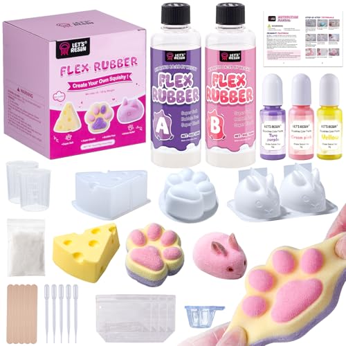 LETS RESIN All-in-One Kit for Taba Squishy 16oz Flex Rubber for Squishy Maker with Larger Cat Paw & Cheese Silicone Molds Color Paste Flocking Powder Ideal DIY Gift for Family Stress Relief
