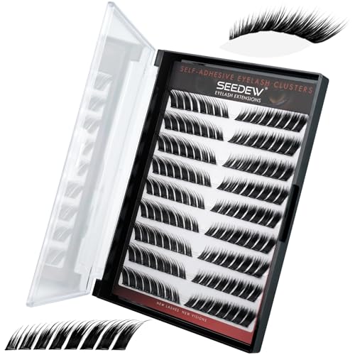 SEEDEW Lash Clusters, Fox Cool 144 Pieces DIY Eyelash Extensions, Individual Cluster Lashes, Super Thin Band, No Glue Needed Soft Natural Self Adhesive Lashes at Home(Fox-C Curl-10-16mm-Black)