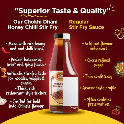 Image of Chokhi Dhani Honey Chilli Sauce 330g | Sweet & Spicy Indo Chinese Stir Fry Sauce | Cooking & Dipping Sauce for Noodles, Fried Rice, Burgers & Wraps | Bold Flavour