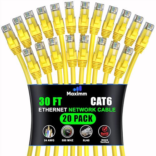 Câble Ethernet Cat 6 Maximm 10 Gbit/s jaune : lot de 20 cordons réseau UTP de 9,1 m à 550 MHz
