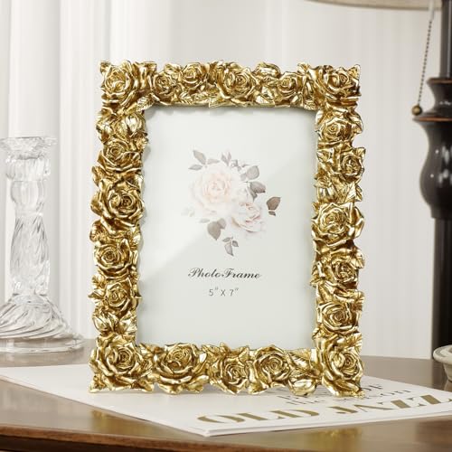 Vintage Gold 5x7 Picture Frame, Gold Ornate Rose Flower Resin Photo Frame with Glass Front for Tabletop, Antique Picture Frames Photo Gallery for Home Office Decor