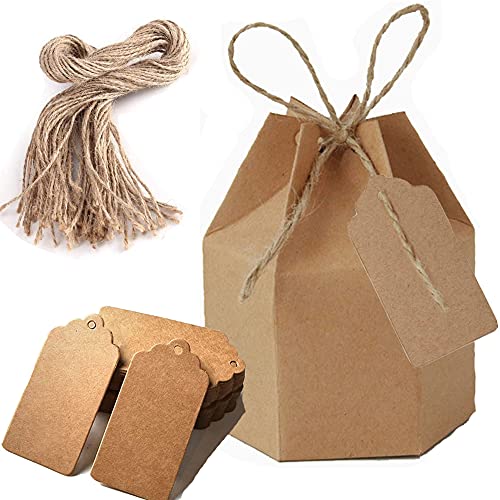 50 Boite Cadeau Kraft,Boîtes à Bonbons Hexagonales en Papier Kraft, Boite Bonbons Carton Avec Étiquettes et Ficelle de Jute, pour la Fête D'anniversaire de Mariage