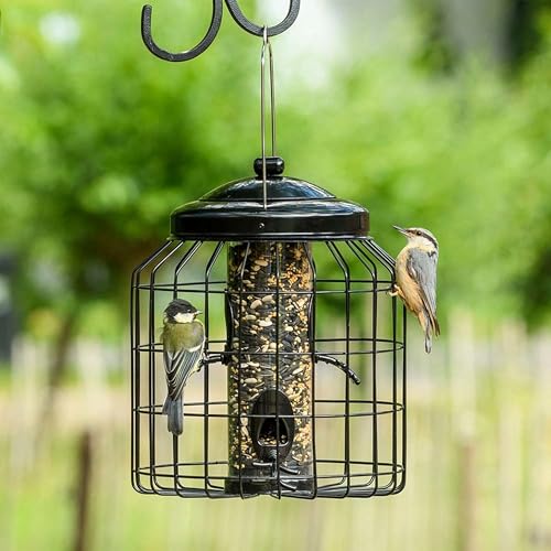 CJ Wildlife Futtersäule Vögel Vogelfuttersäule mit Schutzkäfig Eichhörnchensicher wetterbeständig Metall Schwarz Vogelfutterspender zum Aufhängen