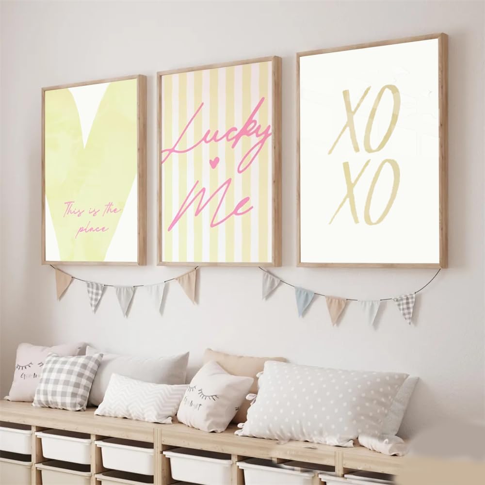 NATVVA Butter Yellow Pink Lucky Me Pin Stripe Wall Art Canvas Artwork Wall Decor Lucky you Prints Painting Art Prints Picture Home College Apartment Decoration No Frame