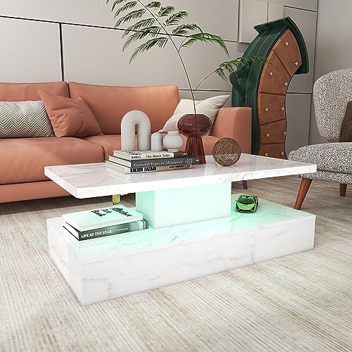 Marble LED Coffee Table, High Gloss Marble Surface Coffee Table with LED Light, Modern White Coffee Table for Living Room LED Light High Glossy Center Table with Remote Control Marble LED Coffee Table, High Gloss Marble Surface Coffee Table with LED Light, Modern White Coffee Table for Living Room LED Light High Glossy Center Table with Remote Control