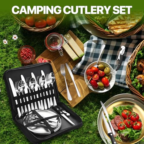 RoserRose Camping Geschirr Set für 4 Personen, 20-Teilig Tragbar Und Langlebig, Edelstahl Outdoor-Geschirr FüR Camping Und Picknick - Campinggeschirr, Ideal FüR Outdoor-AktivitäTen (Silber)