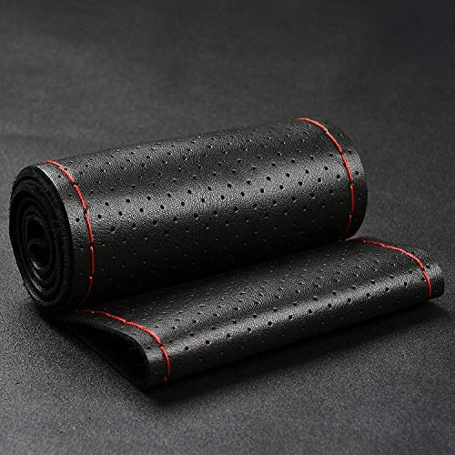 Bmlei Universal Car Steering Wheel Cover With Top Genuine Leather, Anti-Slip Design And Soft Padding, Stitching Style (Black Leather With Red Thread) #TOP3