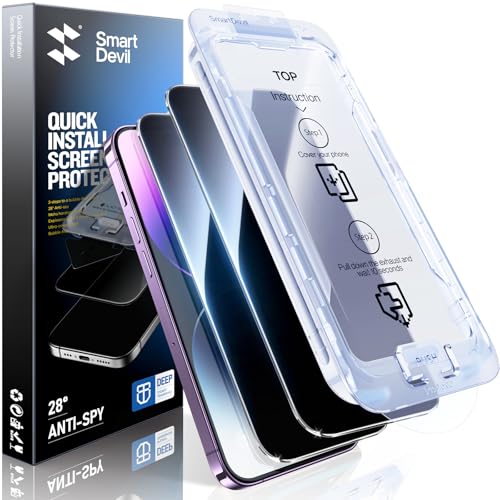 Image of SMARTDEVIL 2 Pack Privacy Screen Protector for iPhone 14 Pro, 28 Anti-Spy 9H Tempered Glass, Impact & Scratch Resistant, Auto Dust & Bubble-Free Install Frame, Easy to Install, Case-Friendly