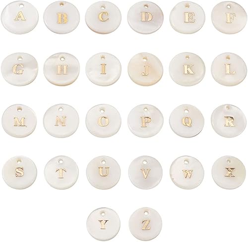 Miniatura 6 de Beadthoven - 104 dijes de letras del alfabeto de perlas de agua dulce naturales, redondos, dorados, redondos, del alfabeto A-Z, para bricolaje,