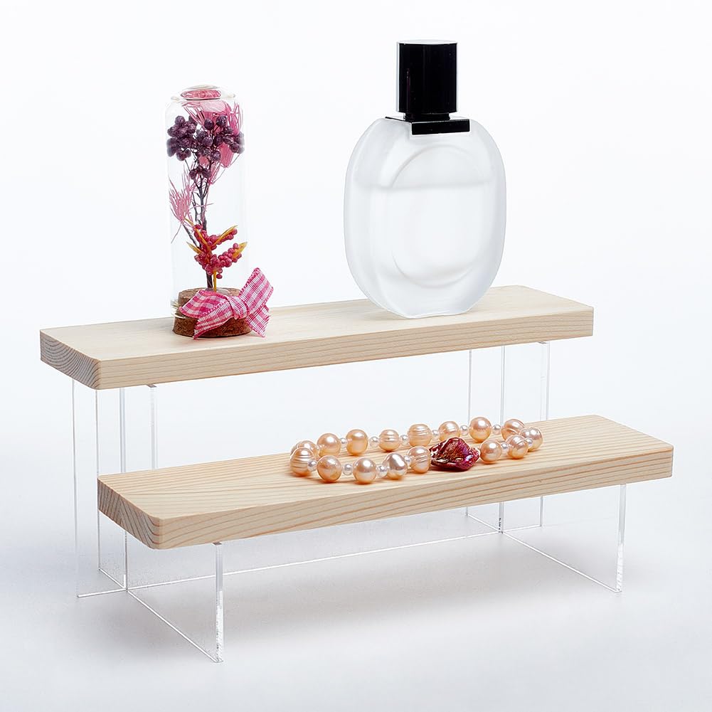 Produktbild von 2-stufiges Ausstellungsregal Aus Holz & Acryl – Antikweiß, 20x11x8,8cm, Vielseitig Für Parfüm, Make-up, Figuren, Gewürze & Deko