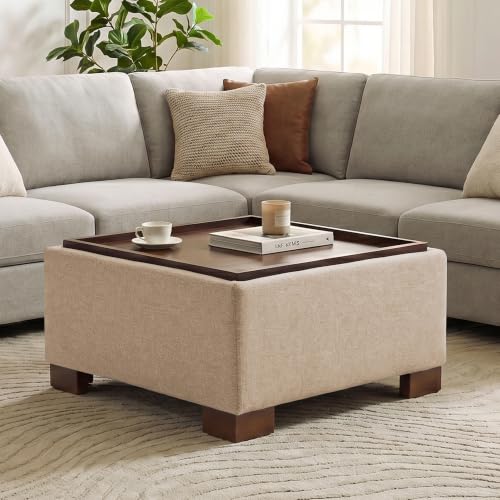 WUTUTUEE Square Ottoman Coffee Table with Storage, Ottomans with Tray and Solid Wood Legs for Living Room, Bedroom and Apartments, Oversize Modern Ottoman Tea Table with Lift-Off Lid, 30", Khaki