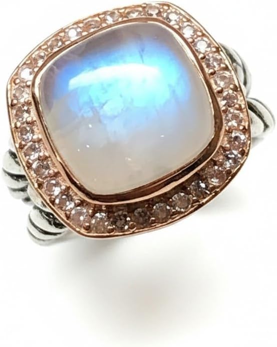 Genuine Rainbow Moonstone 14k Rose Gold, 925 Solid Sterling Silver Ring Size 5, 6, 7, 8, 9