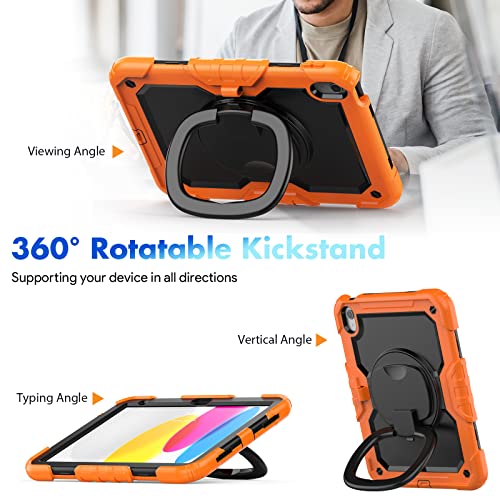 Hxcaseac Ipad Case 10Th Generation 10.9" Inch 2022 With Screen Protector, 3-Layer Protective Case With 360°Rotating And 180°Folding Stand,Shoulder Strap,Pencil Holder For 10Th Gen Ipad Case,Orange #TOP3