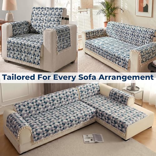 Image of Story@Home Sofa Set 5 Seater Cover Full | Sofa Covers 3 Seater and 2 Seater - 3+2 Sofa Cover Configuration | Sofa Mat with Sofa Back Covers and ArmRest Covers - Grey & Cyan