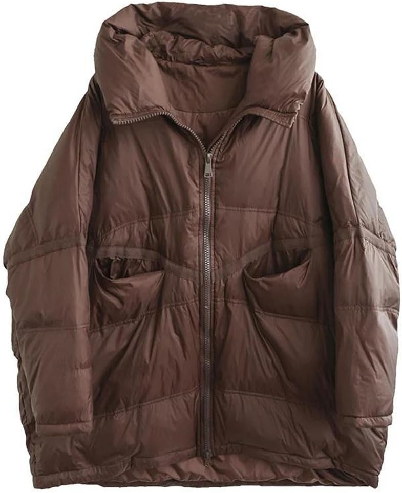 Women’s White Duck Down Jacket Hooded Patchwork Loose Fit Casual Winter Coat