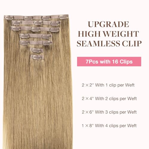 Image of GOO GOO Clip in Hair Extensions Real Human Hair, Remy Human Hair Extensions Clip ins for Women, Natural Human Hair, 18inch 110g 7Pcs, 7 Bronde