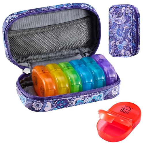 Image of Serfeymi Weekly Travel Pill Organizer 2 Times A Day AM PM Upgraded Rainbow Pill Box 7 Day with Portable Zipper PU Leather Pill Case, Medicine Organizer for Pills, Vitamins, Fish Oils - Purple-01