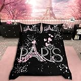 Homemissing Parure de lit Tour Eiffel 220x240cm Paris Chic Parure de lit Housse de Couette thème Romantique pour garçons Filles Enfants Adolescents Noir Rose Moderne Style français literie