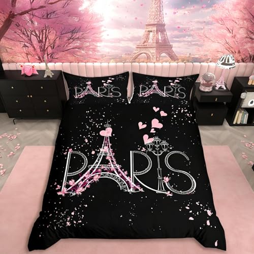 Homemissing Parure de lit Tour Eiffel 140x200cm Paris Chic Parure de lit Housse de Couette thème Romantique pour garçons Filles Enfants Adolescents Noir Rose...
