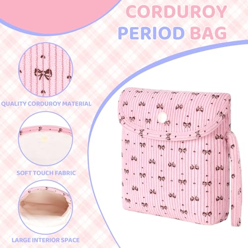 Image of Bow Corduroy Sanitary Pad Pouch Soft Discreet Pad Bags for Period for Women Cute Nursing Pad Holder Menstrual Cup Tampon Pouch First Period Gift Feminine Bag (Pink)
