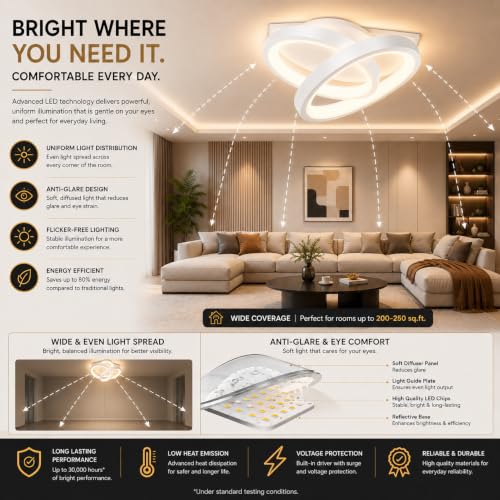 Image of 50W Round LED Ceiling Light, Modern Chandelier Ceiling Lamp, 3 Color Modes Warm /Natural /Cool White, CRI 97 Eye Protection, Anti-Glare Lighting for Bedroom, Living Room, Hall, Office, White