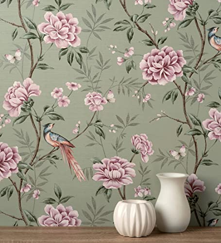 GAULAN 681988 - Papel pintado de pájaros y flores fondo texturizado efecto fibra vegetal verde para pared salón cocina baño dormitorio comedor - Rollo de 10 m x 0,52 m
