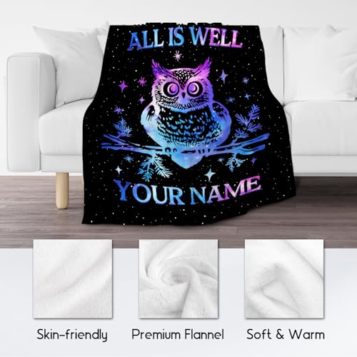 Custom Owl Blanket for Women, Cute Soft Throw Gifts for Girls, Cozy Flannel Throw Blankets for Couch Office, Black 60"x80"