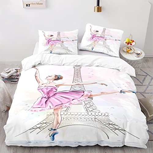 Housse de Couette 140x200 Romantique Paris Tour Eiffel Ville Architecture Simple Parures de Lit 3 pièces 3D HD Impression Microfibre avec Fermeture éclair Convient aux Enfants Adultes Adolescents Cover