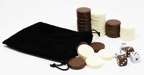 DA VINCI Chips de juego marrón y marfil de 1.25 pulgadas, piezas de repuesto de backgammon con 5 dados y bolsa de almacenamiento de tela