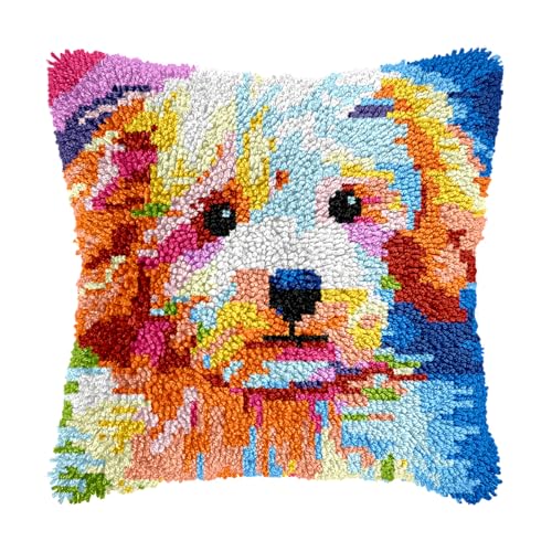 Image of bositigo Dog Latch Hook Pillow Kit for Adults & Kids, DIY Pre-Printed Canvas Craft, 17x61 Inch Decorative Cover for Sofa Cushions, Bedroom Decor (Dog Pattern 45)