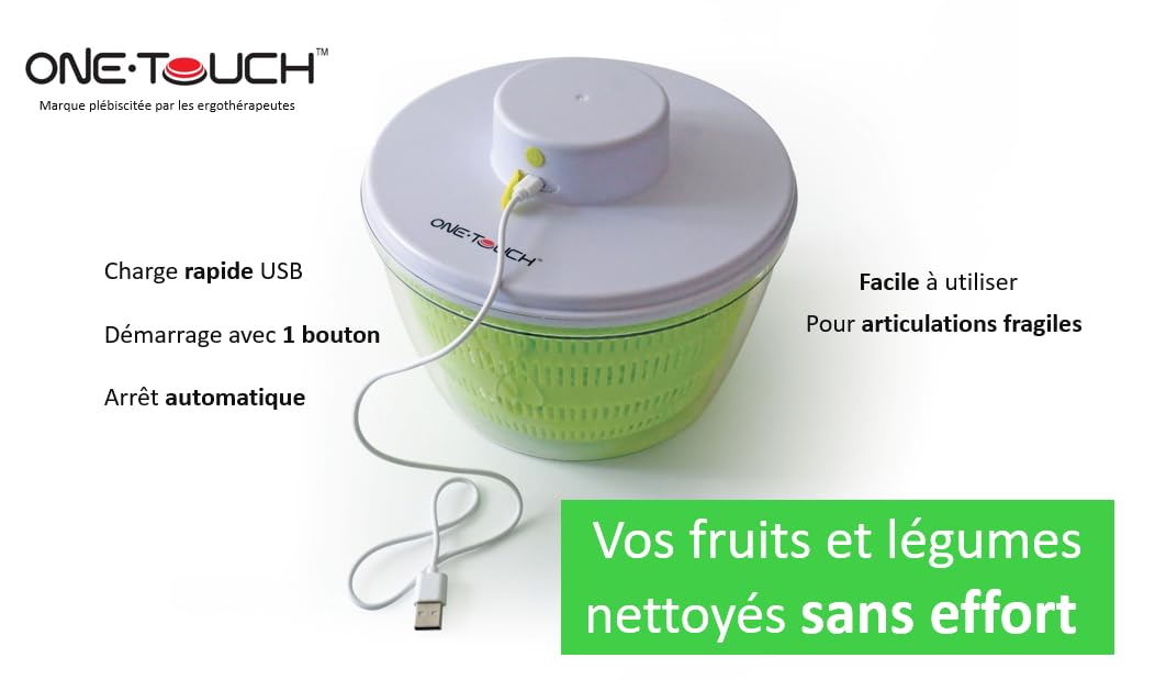 Essoreuse Automatique ONE TOUCH KC128 – Mains-Libres & Ultra Rapide – Fruits & Légumes Sans Effort – Idéale Seniors & Articulations Fragiles – 4 L – Rechargeable