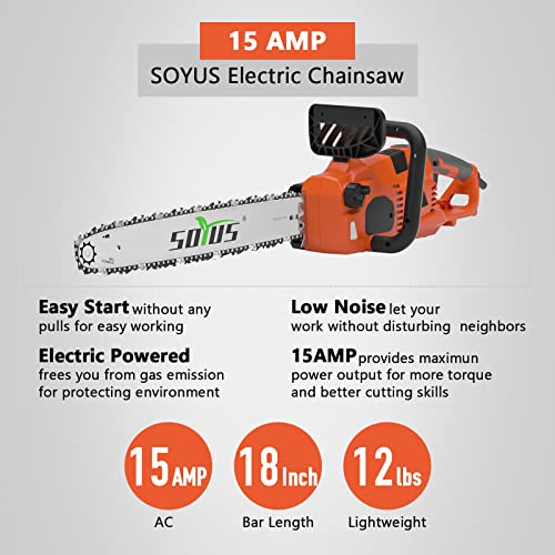 Soyus Electric Chainsaw, 18 Inch 15 Amp Corded Chainsaw Low Kickback Corded Electric Chainsaw 15M/S For Tree Wood Cutting, Tool-Less Chain Tension #TOP6