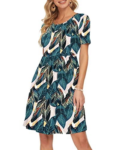 Image of AUSELILY Women's Short Sleeve Pleated Swing Summer Dress with Pockets | Knee-length short sleeve dress, empire waist & pockets, ideal for casual daily wear and vacation