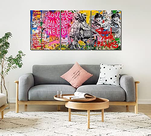 Banksy Street Classic Graffiti Wall Art, Love Is All We Need Inspirational Quote Poster Picture Art Print On Canvas, Pop Painting For Living Room Bedroom 3 Pieces Framed Artwork Ready To Hang - 60”W X 28”H #TOP3