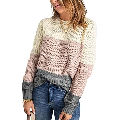 Dokotoo Womens Color Block Sweaters Long Sleeve Crewneck Pullover Knit Jumper Tops