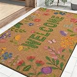 Likiyol Floral Coir Door Mat Outside Entrance, Colorful Flower Welcome Mat Front Door Mats Non Slip Spring Doormat Outdoor Indoor Entrance, Low Profile, 18' x 30'