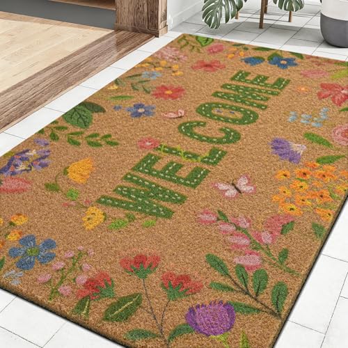 Likiyol Floral Coir Door Mat Outside Entrance, Colorful Flower Welcome Mat Front Door Mats Non Slip Spring Doormat Outdoor Indoor Entrance, Low Profile, 18" x 30"