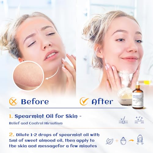 Image of HIQILI Spearmint Essential Oil for Diffuser, Skin & Hair Care | Includes 10ml Travel Bottle, Refreshing Minty Aroma for DIY Lotions, Creams & Aromatherapy - 100ml / 3.38 fl oz