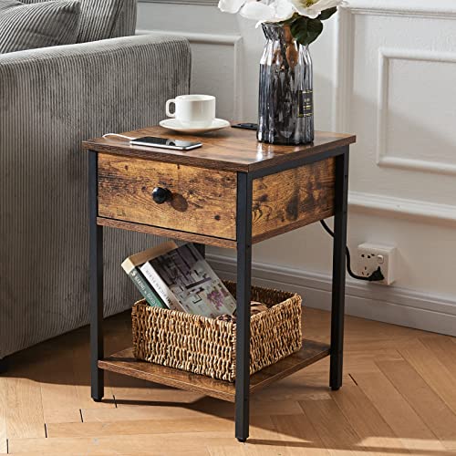 Superjare Nightstand With Charging Station And Usb Ports, Side Table End Table With Drawer, Open Storage Shelf And Steel Frame, Bedside Table For Small Spaces, Rustic Brown #TOP5