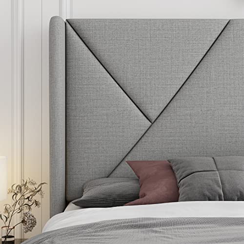 Feonase Queen Size Platform Bed Frame With Wingback, Geometric Upholstered Bed Frame With Fabric Headboard, Solid Wooden Slats, No Box Spring Needed, Easy Assembly, Noise-Free, Light Gray #TOP4