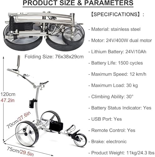 Electric Golf Trolley - Foldable Electric Push Cart with Remote Control, 1500 Life Cycle Lithium Battery, Twin Motors, 12km/h Speed, 30° Climbing Ability