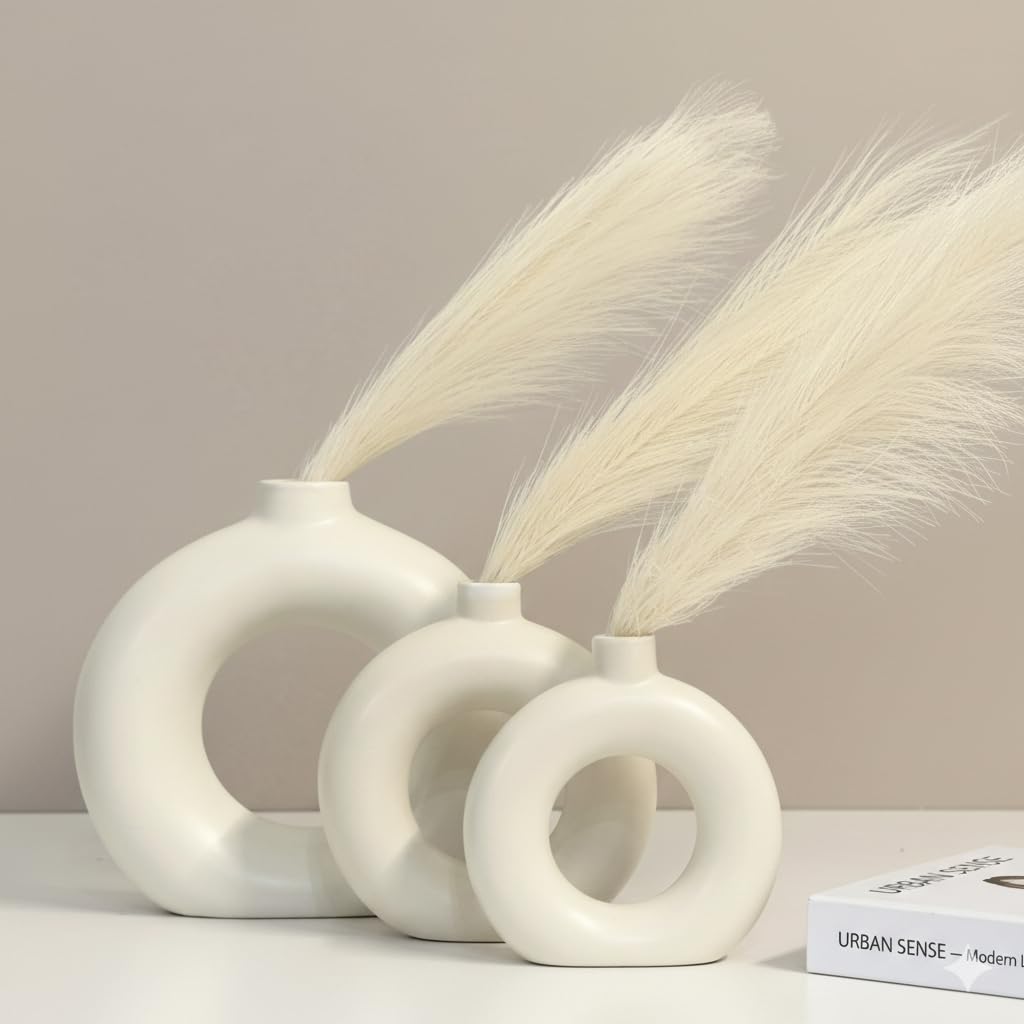 Sponsored Ad - URBAN SENSE™ | Donut Flower Vase | White Ceramic Circle Pampas Grass Vase for Home Decor | Round Vase Showpiece Living Area, TV Unit Housewarming Gift (Pack of 3) (4In, 6In, 8In)