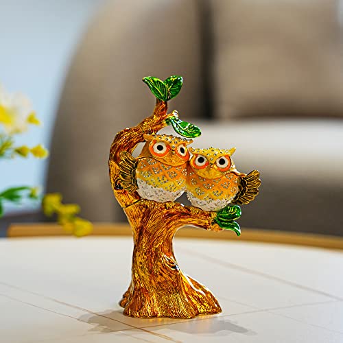 Yu Feng Hand-Painted Enamel Pair Of Owl Sitting On Branch Trinket Box Hinged Jewelry Organizer With Crystals, Ring Earrings Storage, Home Decor Figurine Keepsake Collectible (6.8Inch,Yellow) #TOP5