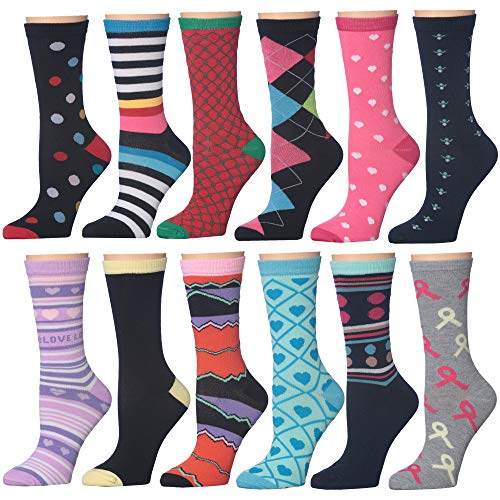 Frenchic 12 Pack Women Colorful Patterned Fashion Crew Socks (Blue Love)