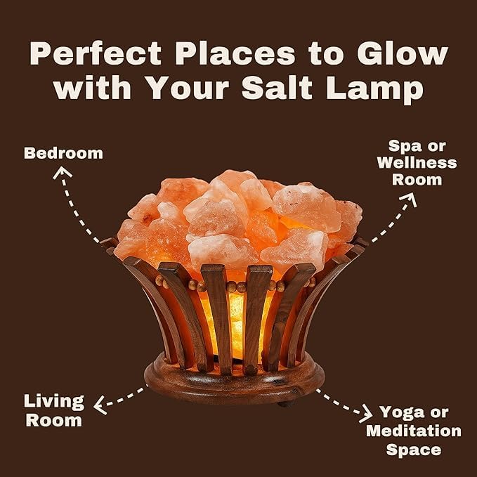 Himalayan Pink Salt Lamp with Wood Base, 6" Height x 9" Diameter, 8.4 lb, Night Light