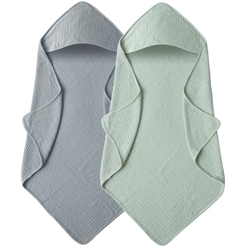 Image of MairMore Muslin Baby Towels with Hood for Newborn 100% Cotton Baby Bath Towels Soft & Absorbent Hooded Baby Towel for Boys and Girls, Large Size - 32 * 32 Inches