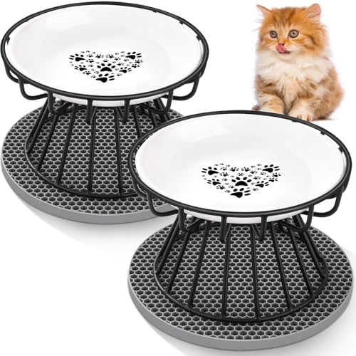 Otauoaea 2 Stück Katzennapf Erhöht, Erhöhter Futternapf Katze, Fressnapf Katze Flach, Cat Bowl mit Metallständer & rutschfeste Silikonmatte, Linderung von Schnurrhaarermüdung (A-Schwarz)